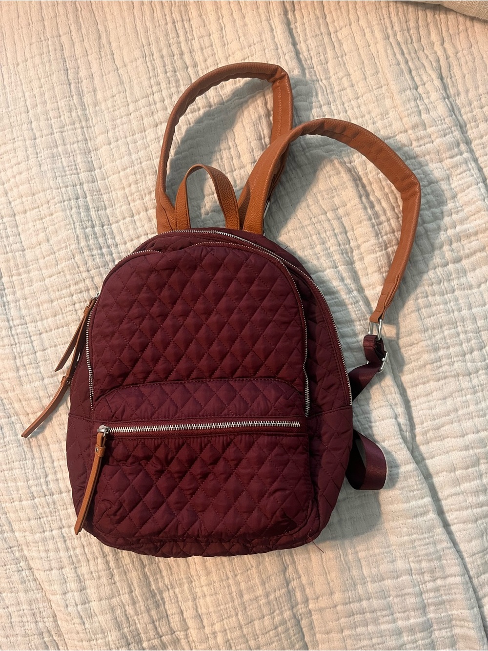 Martha Stewart Quilted Burgundy Backpack with Tan Straps